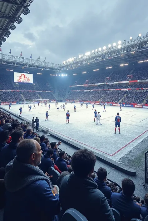 Create an image of the PSG match Stade Briochin in white and blue in the stands and PSG have just scored a goal, The photo should not be of very good quality because it was taken by a Redmi, So there is no reflection... And it's the reindeer stadium