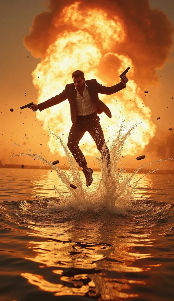 Amid a massive explosion, a man falls through the air, his body silhouetted against a fiery sky, as debris and flames explode around him. He holds a handgun in his hand, and a bullet shoots out from the gun just before he plunges into the water below. The ...