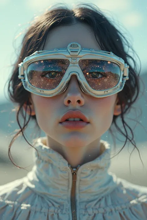 The model is wearing glass sunglasses with stars and the moon on the glass