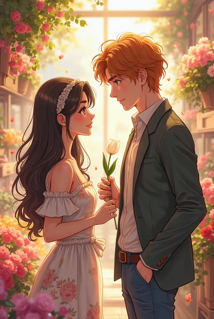 
Create a anime-style illustration of a couple in a flower shop filled with vibrant blooms. The woman is a charming florist with long, wavy dark brown hair cascading down her back, soft strands framing her face, and warm hazel eyes. She wears a beautifully...