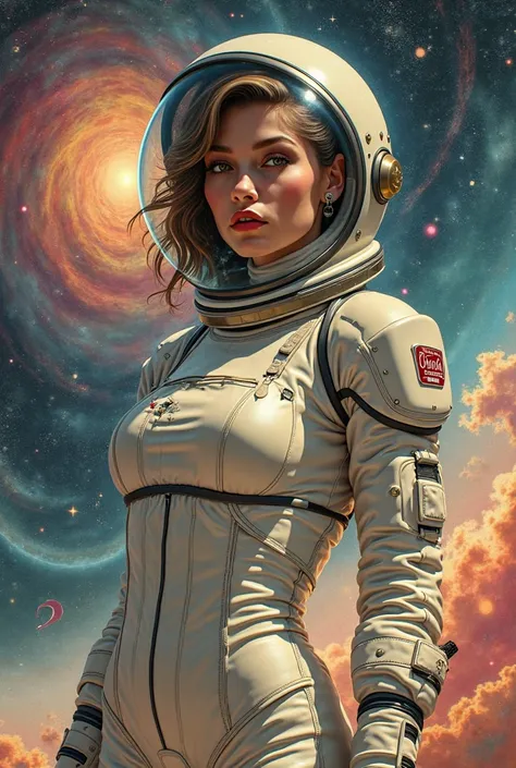 album music cover,surealistic and psychédéllic image of a pin up female model wearing a fashion space suit wearing a space helmet with 60s theme gloves, space in background 