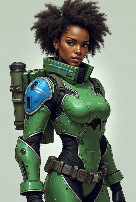 Katarina Bryant, Afro-Brazilian woman, with short hastafari, she's a space opera character,  she is a space patrol belonging to an intergalactic government, she wears green fê armor attached to a black mesh, in this green armor she has blue and white detai...