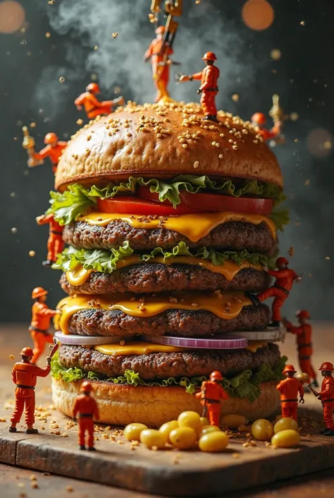 A highly detailed, realistic close-up of a giant smash burger with a thin, crispy-edged patty being ‘constructed’ by many tiny workers in orange safety gear. Some are climbing the towering layers of seared beef, melted cheese, and toasted buns, while other...