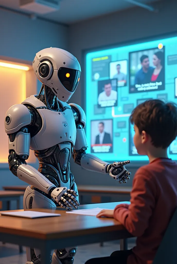 A friendly futuristic robot, with a modern and expressive design, is in a digital classroom explaining something to a student. In the background, several holographic screens display interactive flashcards with iconic dialogues from movies and series. The s...