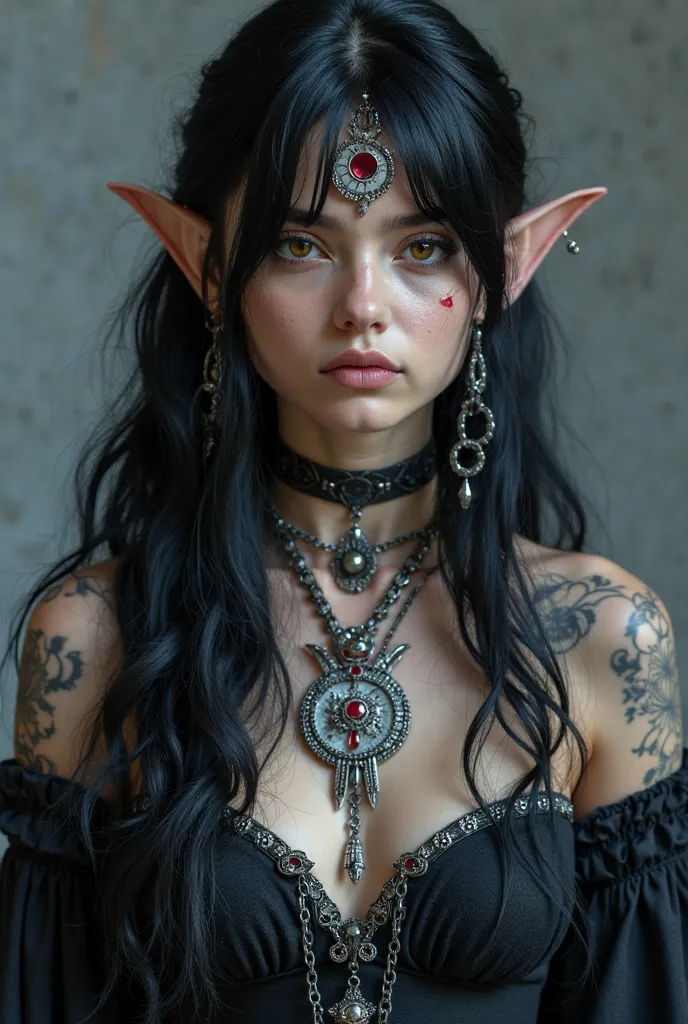 dark elf character young girl, gray-black leather, amber large almond-shaped eyes, The shape of the face oval,  small cheekbones, sharp jaw,  straight, neat nose , dark eyebrows and lashes, black hair with a tint of blue, long graduated wavy hair hairstyle...