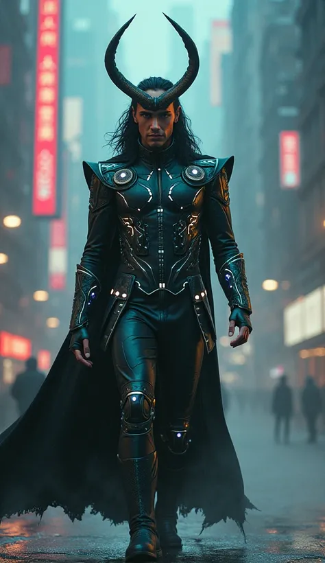 MARVEL's Loki with his futuristic Cyberpunk costume with LEDs walking toward the camera.