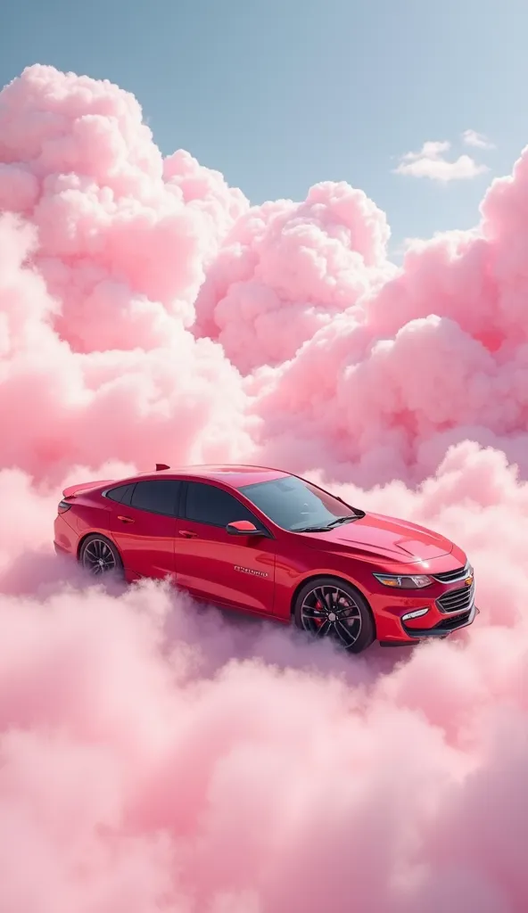 A red sports car, a chevrolet malibu 2 lt, is positioned in profile view, slightly angled towards the lower-right of the image. The car is in the foreground, seemingly floating amidst large, fluffy, light pink clouds that fill the background and sky.  The ...