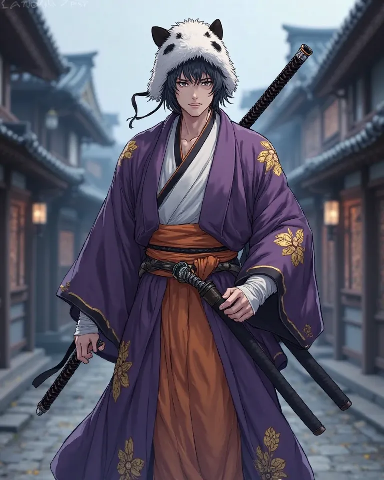 "A highly detailed anime-style male warrior standing in a samurai-inspired outfit, wearing a long purple kimono with golden floral patterns, a structured design with straight sleeves. Underneath, a white inner kimono with black trims is visible, secured wi...