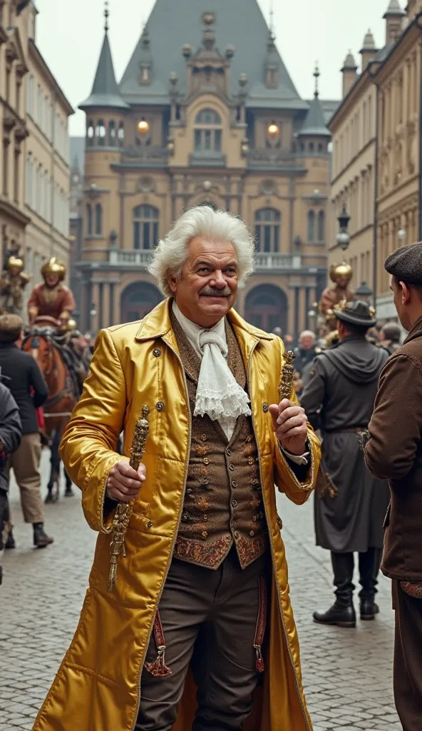 An eccentric merchant from the 18th century, dressed in extravagant clothes and a golden coat, standing with a confident look. In the background, a large mansion decorated with unusual statues, including one of himself. He holds a scepter and seems satisfi...