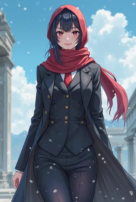 An anime girl with a strong physique and mind. Dressed in a long coat heroic but formal office looking dress covering the whole body with a "scarf covering her head and hair" who is about to become an HR for her self-owned company in a beautiful location. ...