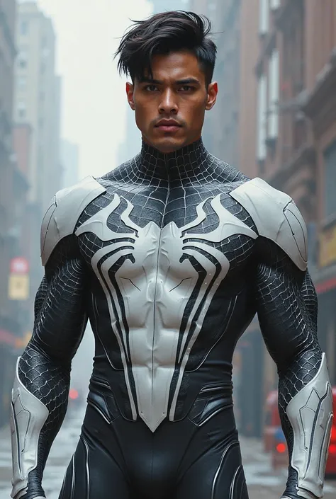 Tall black haired latino superhero wearing a Marvel's Spiderman-like suit in silver and white colors. Unlike Venom's superhero suit though, he has no mask. He is in his late twenties and buffed. He has short hair.