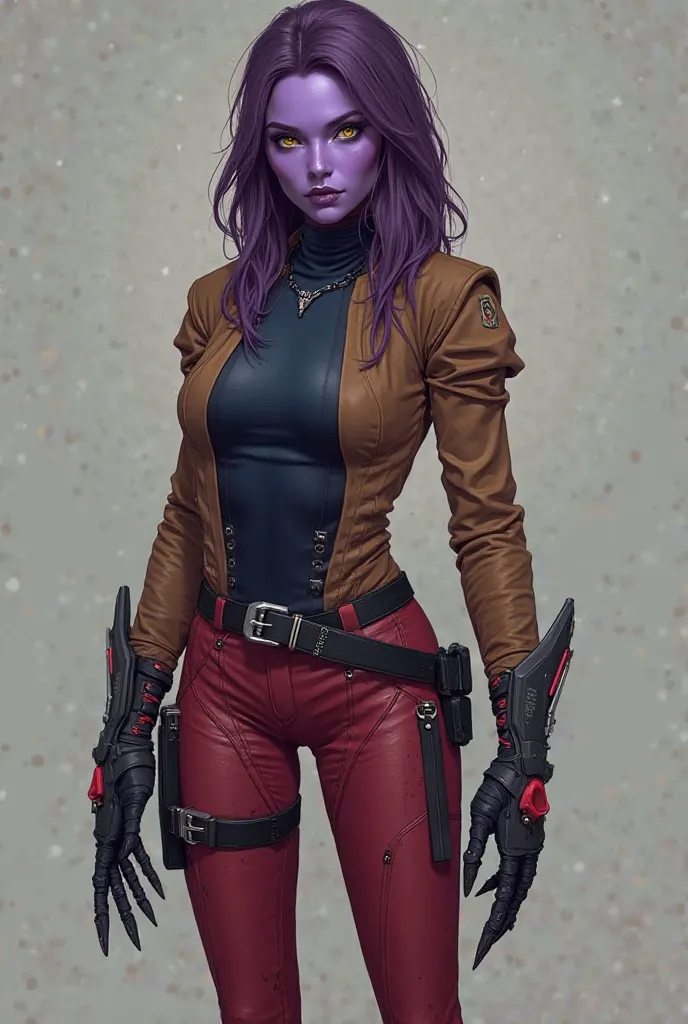 She is a science fiction character in the space opera style, she is a female alien character with purple skin a Achievements Realistically a bounty hunter, her name Inrien her eyes are yellow on her back she has a full sleeve shirt with folds on the sleeve...