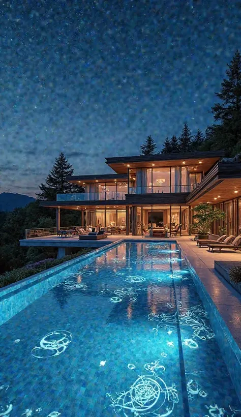 Picture of a luxury home with infinity edge pool sky night decoration on the pool deck priority