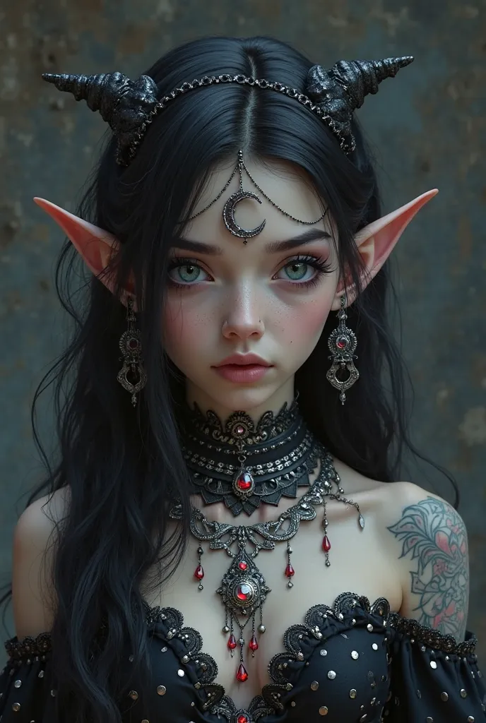 dark elf character young girl, gray-black leather, amber large almond-shaped eyes, The shape of the face oval, small cheekbones, sharp jaw,  straight, neat nose , dark eyebrows and eyelashes, black hair with a tint of blue, long graduated wavy hair hairsty...