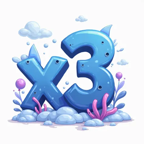 Crie uma imagem cartoon, written “X3” highlighted on the screen, with vibrant blue and purple colors, white background, and details reminiscent of a shark in the image