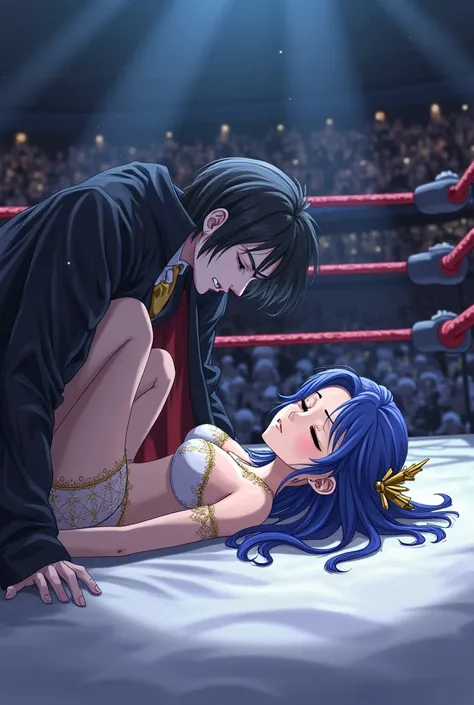 Princess with dark blue hair crown in white underwear with gold design is on a wrestling stage,The princess is unconscious with eyes closed, A vampire knocks her out,  anime version.