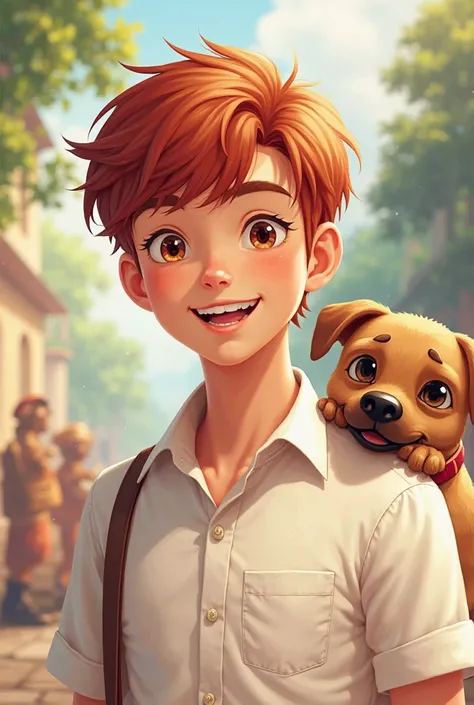 Picsart poster of an 18-year-old boy with short reddish hair wearing a white shirt with a brown dog with a black snout