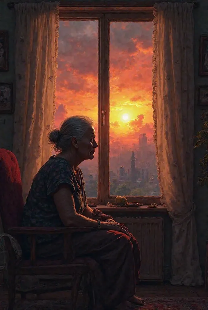 An old woman in the house watching the sunset is the end of the world 