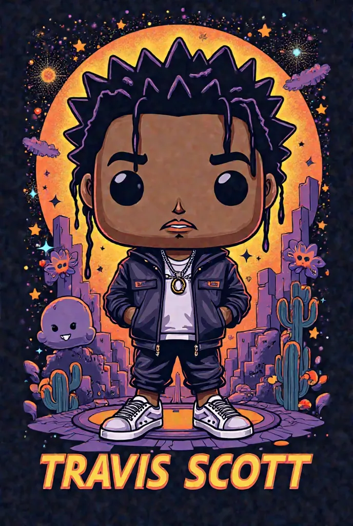 Create a vibrant and modern design for a t-shirt, inspired by Travis's unique style Scott and in the energy of his music. The design must feature a Funko Pop figure by Travis Scott, with its characteristic hair and stylish clothing, including an iconic loo...