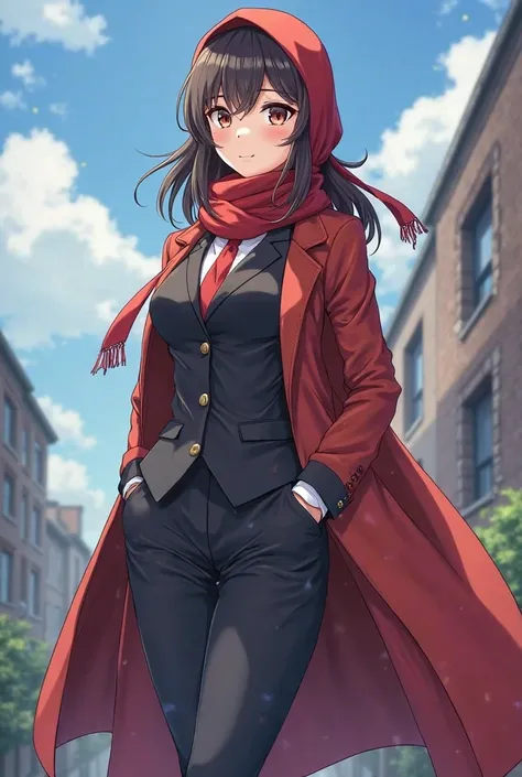 An educated anime girl with a strong physique and mind. Dressed in a long coat heroic but formal office looking dress covering the whole body with a "scarf covering her head and hair" who is about to become an HR for her self-owned company in a beautiful l...