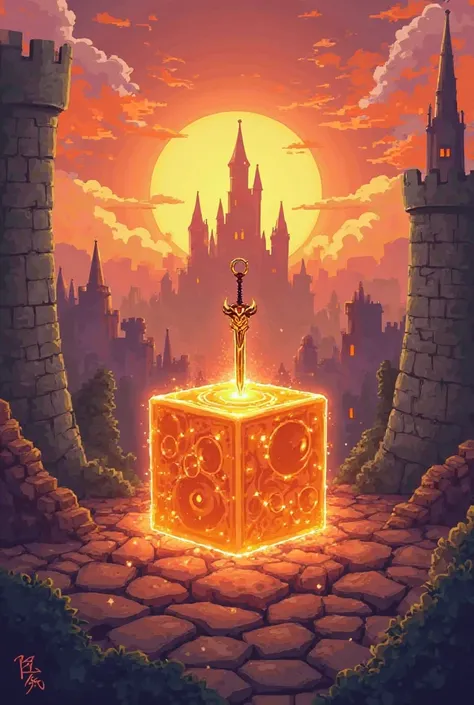 make me a pixel art of an orange cube empowering a sword (without limbs ) and in the background a medieval castle (all in a sunset )