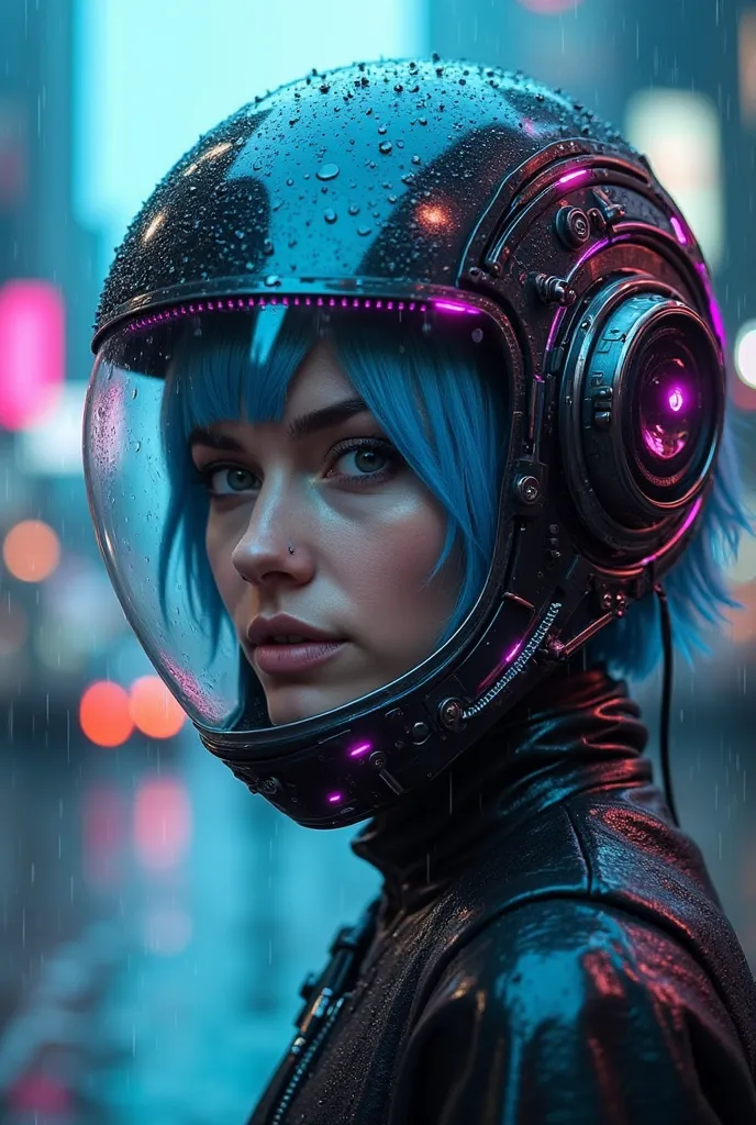 A woman wearing “short blue hair” and a “cyberpunk helmet” with a transparent visor is the focus of this image. Os “intricate, glowing wires” em azul e violeta, the raindrops on the visor and the background of “futuristic cityscape bathed in rain” create a...