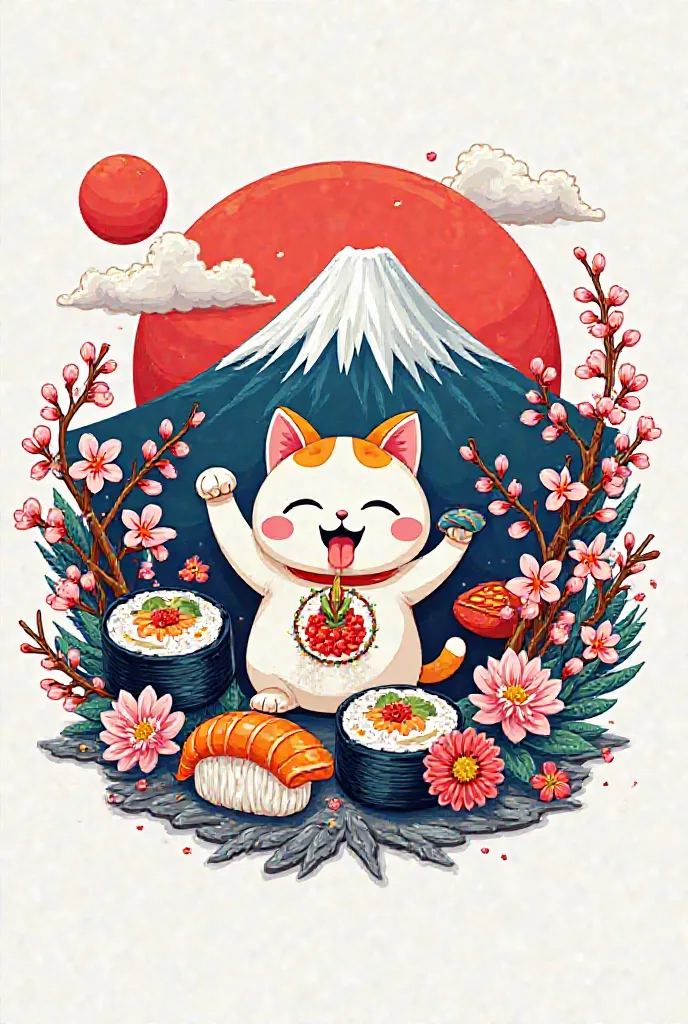 A logo for t-shirts.  I want him to put : Japan 25.  And around Kawaii images of typical Japanese things like: Gates Tori , Mount Fuji, Lucky cat eating sushi,  cherry blossoms