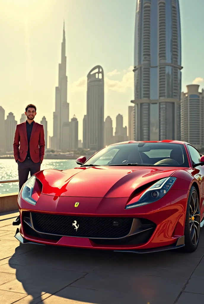 Make a picture of me with a realistic full look of a Ferrari 812 GTS in Dubai 