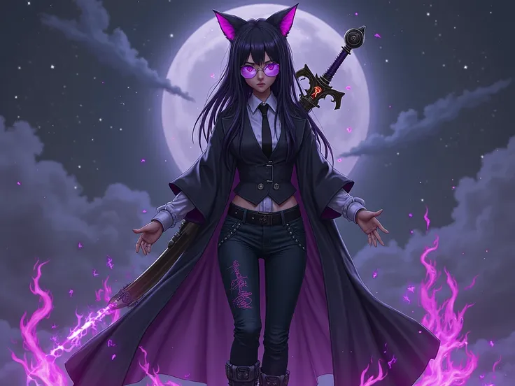 a woman with tail and ears straight black hair with half purple and purple eyes black boots black jeans pants with purple flames a belt with purple shirt black tie black vest robe 
 with an upper part dominated by flaming black and a lower part by purple g...