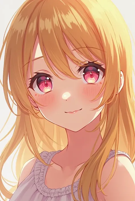 A anime girl with yellow hair and pink eyes, too beautiful and have warm smile