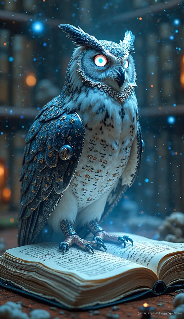 A majestic owl with a cybernetic futuristic design, its detailed metallic feathers reflect shades of neon blue and silver.  Your eyes shine brightly , as if storing infinite knowledge. It is perched on a floating digital book that emits a floating light an...