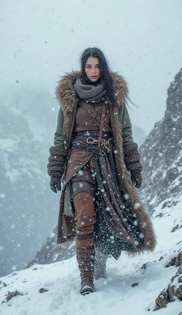  At the top of a snowy mountain , se encuentra una nórdica de caza en  the mountain ,  the mountain ,  in the middle of a snow storm . Her clothing is composed of thick and resistant leathers, with details that reflect the beauty and strength of the mounta...