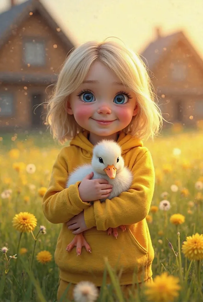 A young girl, likely 2-, of light complexion, is centered in the image.  She has shoulder-length light blonde hair and large, bright blue eyes. Her expression is joyful and happy, with a sweet smile.  She is wearing a bright, vibrant yellow hooded sweatshi...