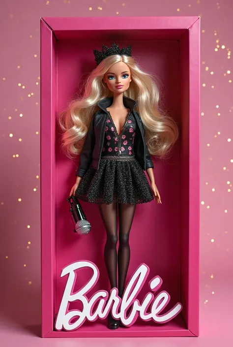 Create a Barbie box with a Barbie-style doll that is dressed as a glamorous popstar, Brads style and that her box has her popstar accessories such as cornet, Microphone and outside the box say the doll's name