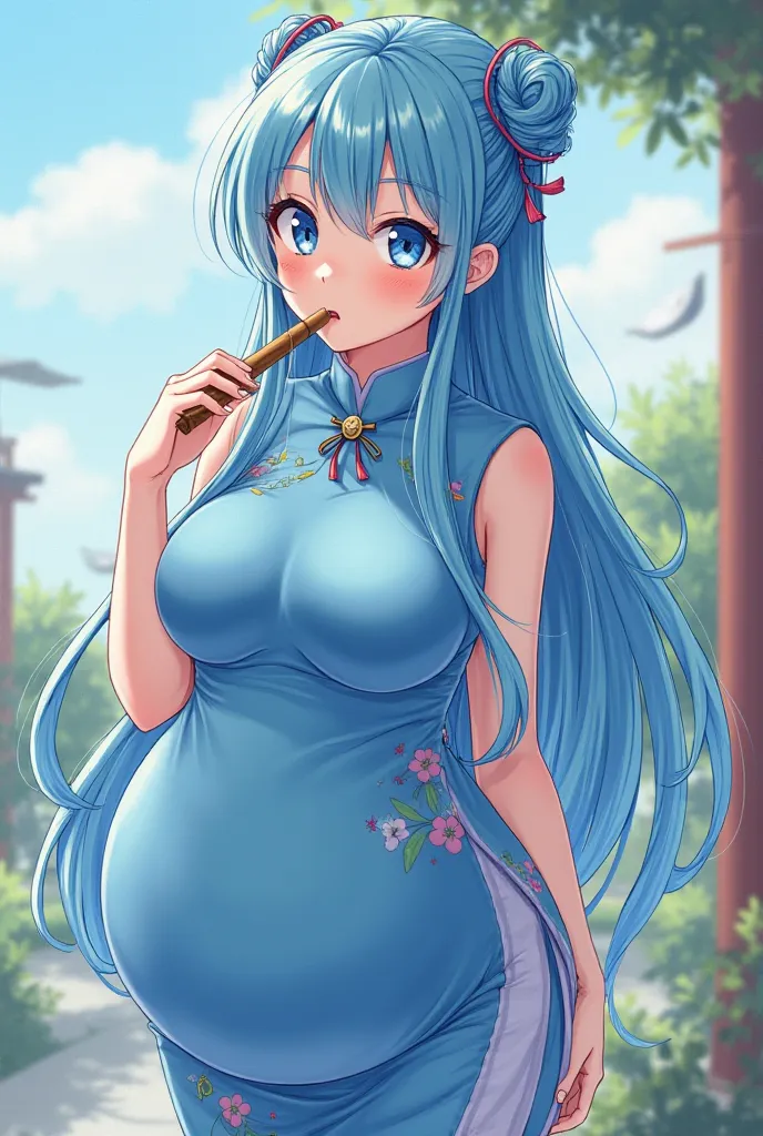 anime obese girl long sky blue waterfall hair with bow on the back of her head in a blue dress holding and a bamboo cigarette extremely detailed artgerm, seductive anime girl, with very large belly style artgerm, beautiful alluring anime woman, cute anime ...