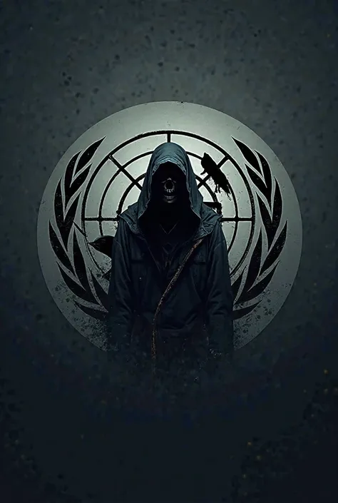 Logo between the UN logo and a grim reaper 
The grim reaper in the logo 
The dark grim reaper you can't see her face 
The image is a round logo 