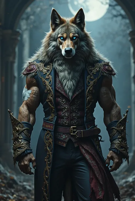 Werewolf resembling a German shepherd wearing a fancy outfit. He has blue eyes and a white bite mark on his left arm.