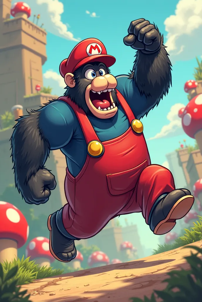 Pretty black gorilla animated like Mario Bros and dressed like Mario Bros jumping sideways with one hand up with a fist 