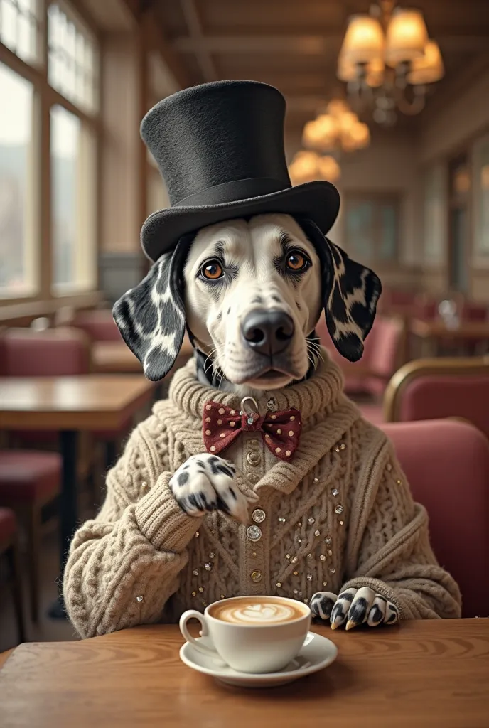 a Dalmatian dog wearing a diamond sweater and a top hat, having a coffee, He is in a cafeteria 