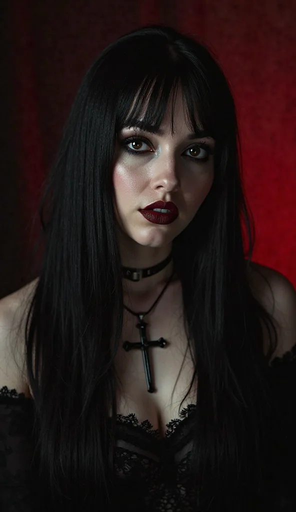  a woman with long, straight black hair ,  pale skin, gothic makeup with striking black eyeliner, dark eyeshadow and dark red or black lipstick. She's wearing a crucifix necklace, dark clothes with lace or leather details, and the background is dark , with...