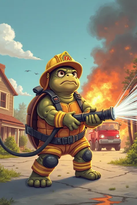 A cartoon turtle in a fireman's suit puts out a house fire, a fire truck can be seen in the background. The turtle has light brown skin