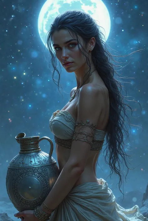 Aquarius zodiac sign if you were a beautiful warrior girl in the background of the night with a jug of water 