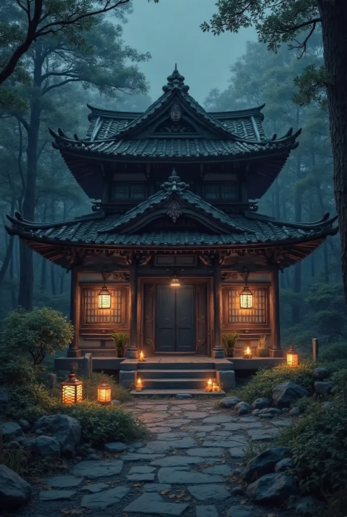 Make an old Japanese temple a little abandoned and dark, The temple is lit by candles and paper lanterns, and is also dedicated to a kitsune. This temple is in the Inazuma forest of the Genshi Impact game.