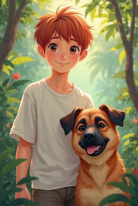 Picsart poster of an 18-year-old boy with short reddish hair wearing a white shirt with a brown mixed-race dog with a black snout