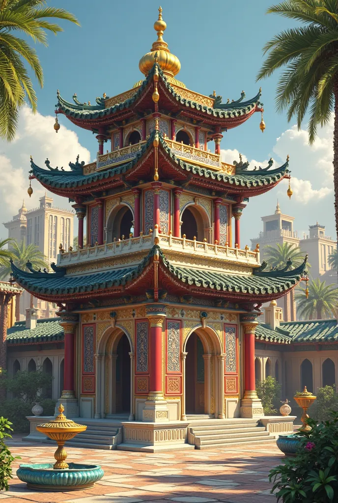 Design of a square-plan building that merges a Chinese pagoda with Middle Eastern architecture. The structure has a single floor with ceilings curved upwards in the style of a pagoda, but crowned with a golden dome in the center. The walls have pointed arc...