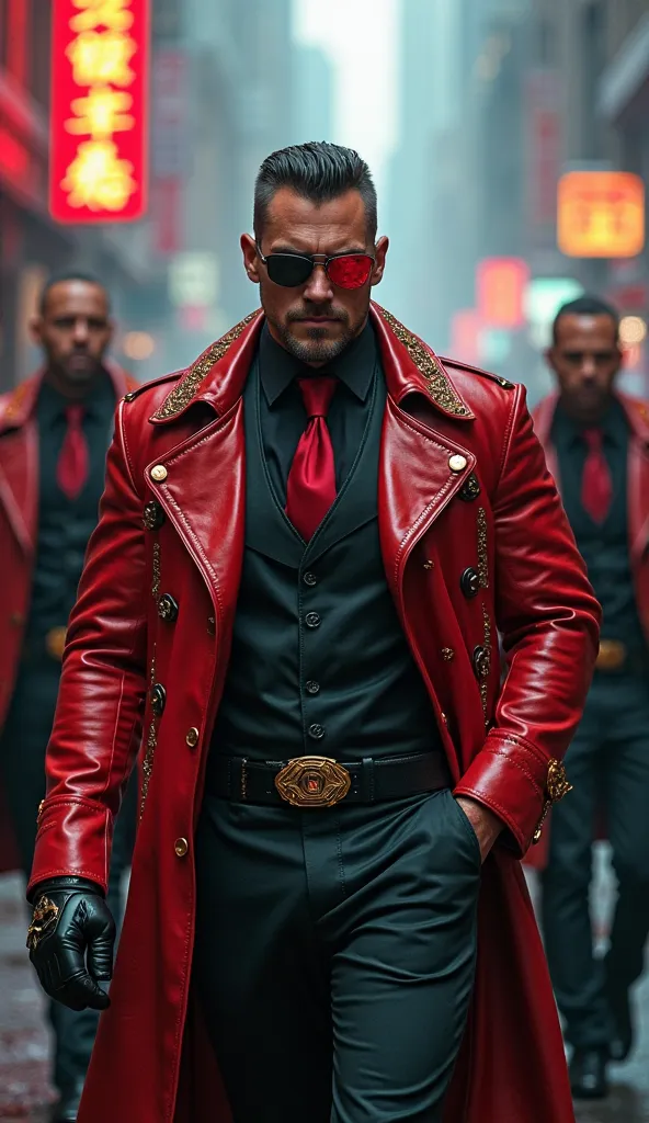 "A powerful mafia boss with a cyberpunk aesthetic, wearing a stylish red and black leather trench coat with intricate gold details. He has a muscular build, a stern expression, and wears an eyepatch with a glowing red lens. His outfit includes a black shir...