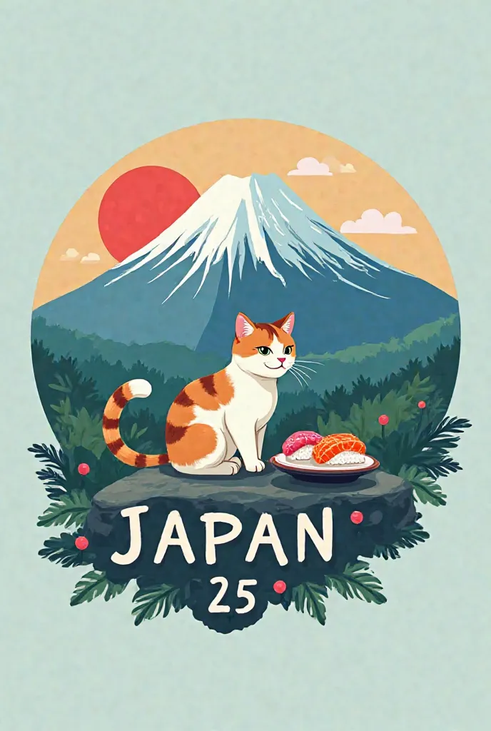 I want a logo that says: Japan 25. Behind Mount Fuji with a cat on the summit eating sushi