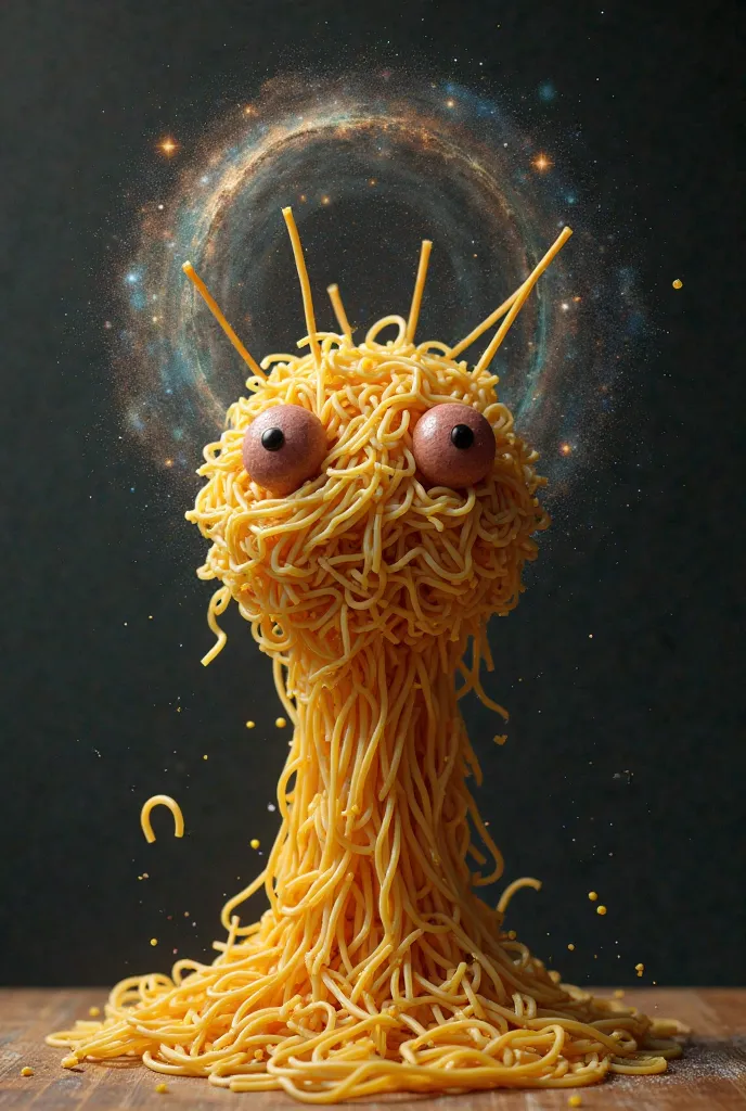 Recreate, It's a spaghetti ball with two meatballs as cheeks, And the eyes are like those of a snail, And it vomits and creates the universe 