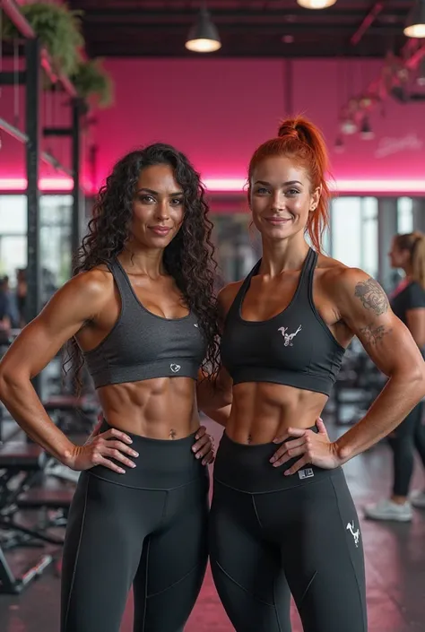 Create two girls, an Argentinian brunette and a redhead with freckles in a pink and black gym, being the bosses at the gym and helping out in the 