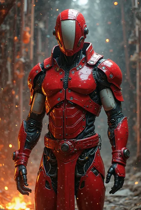 Cyborg robot man red helmet with part of the middle white Tererês long black mechanics red costume with white details black joints red belt red shin guards red bracelets one of the left bracelets with a flame thrower setting off fire black gloves setting o...